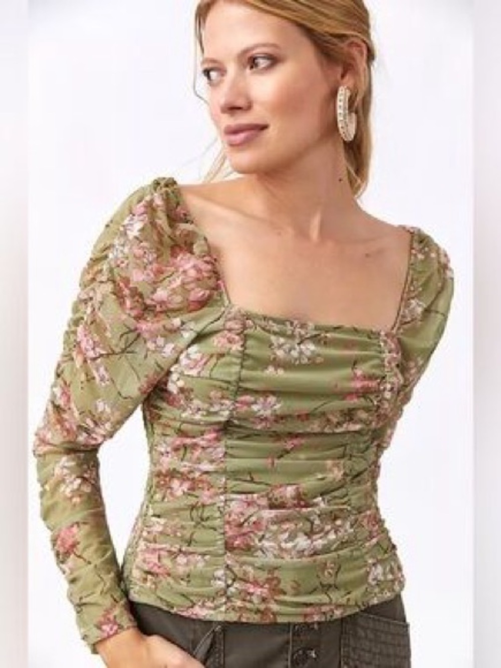 Anthropologie Maeve Olive Green Smocked Top with Pink Floral Trim